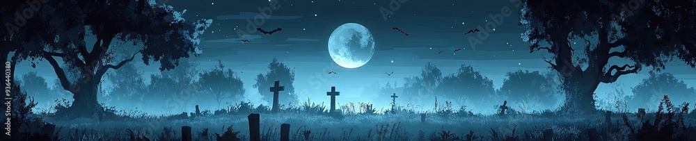 Fototapeta premium 2D animated cartoon graveyard at night, full moon 