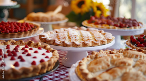 Baking Contest: A friendly baking contest with pies and cakes on display, Labor Day, with copy space photo