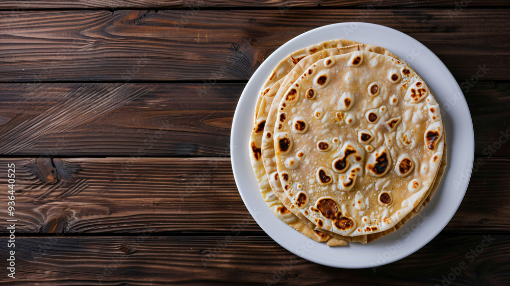 Stack of freshly cooked tortillas on a white plate resting on a rustic wooden table Stack of freshly cooked tortillas on a white plate resting on a rustic wooden table
