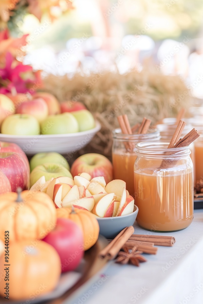 inviting apple cider bar setup, featuring large glass dispensers of spiced cider, bowls of apple slices, cinnamon sticks, and star anise for garnish inviting apple cider bar setup, featuring large glass dispensers of spiced cider, bowls of apple slices, cinnamon sticks, and star anise for garnish