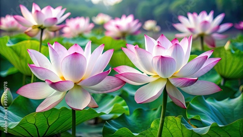 Delicate pink and white lotus flowers bloom in serene harmony, their exotic petals unfolding against a tranquil aquatic backdrop, exuding elegance and refinement.