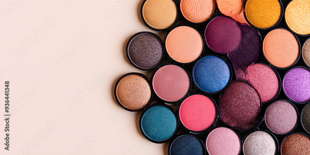 Vibrant eyeshadow palette showcase array rich pigmented colors isolated pale beige background Vibrant eyeshadow palette showcase array rich pigmented colors isolated pale beige background