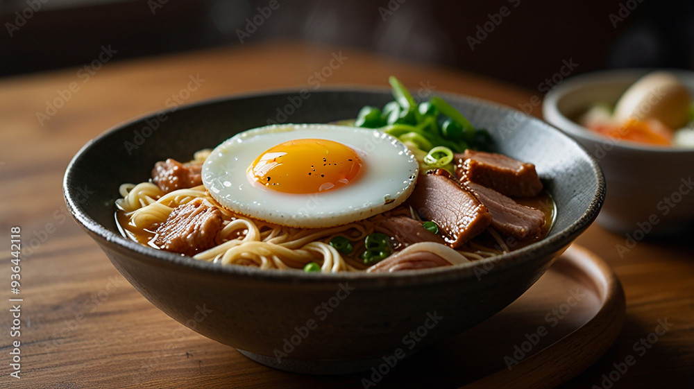 A Steaming Bowl Of Ramen With Rich Broth, Noodles, Sliced Pork, Soft-boiled Egg, And Green Onions, Food Image A Steaming Bowl Of Ramen With Rich Broth, Noodles, Sliced Pork, Soft-boiled Egg, And Green Onions, Food Image