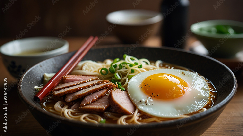 A Steaming Bowl Of Ramen With Rich Broth, Noodles, Sliced Pork, Soft-boiled Egg, And Green Onions, Food Image A Steaming Bowl Of Ramen With Rich Broth, Noodles, Sliced Pork, Soft-boiled Egg, And Green Onions, Food Image