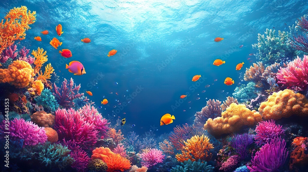Fototapeta premium Bright coral reef teeming with fish perfect for designing engaging underwater-themed nature background visuals