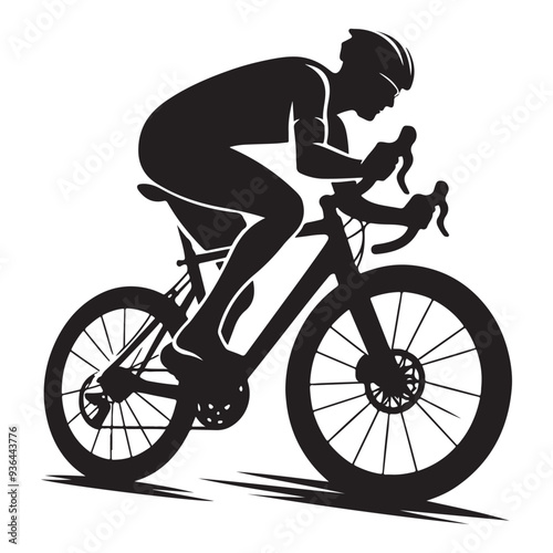 Cycling Theme, Vector Silhouette Of Road Cyclist Vector Silhouetted White Background