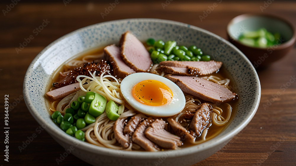 A Steaming Bowl Of Ramen With Rich Broth, Noodles, Sliced Pork, Soft-boiled Egg, And Green Onions, Food Image