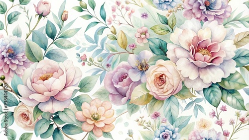 Wallpaper Mural Delicate watercolor florals in pastel hues dance across a soft, white background, evoking a sense of whimsy and romance in this dreamy, ethereal design. Torontodigital.ca