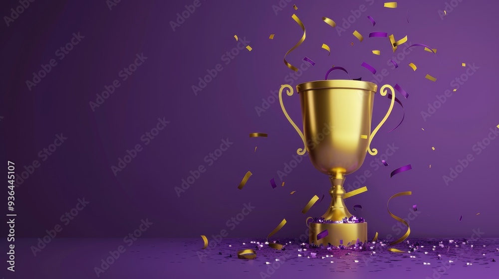 A golden trophy surrounded by falling confetti on a purple background highlights the concept of a celebration or achievement. A golden trophy surrounded by falling confetti on a purple background highlights the concept of a celebration or achievement.