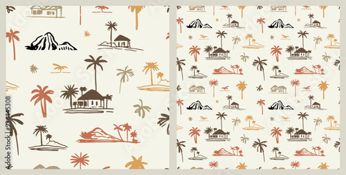 Palm Tree Island Tropical Hawaii, Earthy Tones Boho Seamless Pattern Vector Illustration