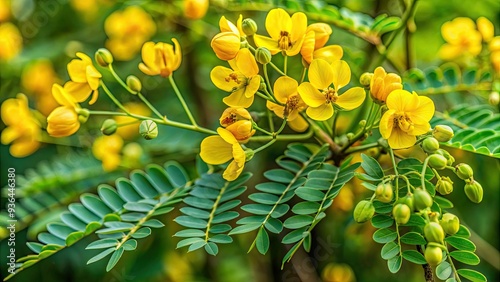 Delicate yellow flowers of the Alexandrian senna plant, Cassia alexandrina, with feathery foliage and slender pods in a natural outdoor setting.