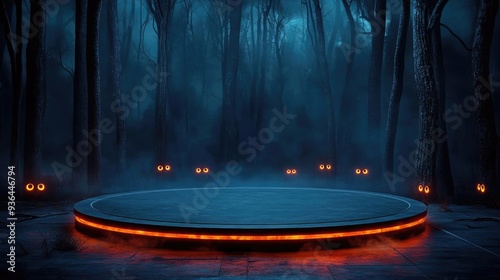 A wide, empty podium in the center of a haunted graveyard, with skulls and eerie green mist, Podium stage, mysterious and atmospheric display