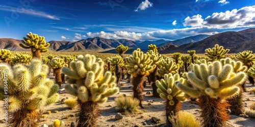 Dense thickets of teddy-bear cholla cactus with menacing yellowish spines sprawl across the arid desert landscape of Joshua Tree National Park, California, under a vast blue sky. photo