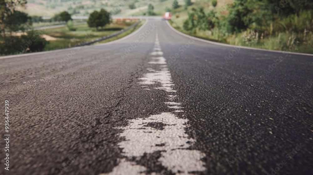 Fototapeta premium Asphalt road texture closeup low angle perspective view. Outdoor countryside nature freeway surface, nobody on highwaytransport street. Stone, urban, gray, travel route, structure material
