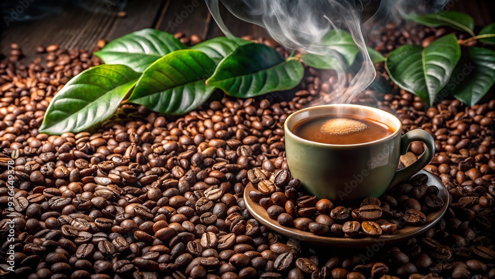 of a steaming cup of coffee placed on a saucer. cup is surrounded by roasted coffee beans and fresh green leaves, all set against a rustic wooden background. of a steaming cup of coffee placed on a saucer. cup is surrounded by roasted coffee beans and fresh green leaves, all set against a rustic wooden background.