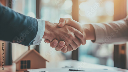 Real estate agent and client shaking hands in office, with a house model, keys, signed contract on the table, closing of a property deal. Concept of buy and sell houses, home loans, investment. banner