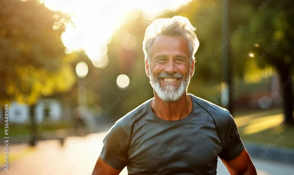 Portrait of senior man smiling at camera while jogging in city