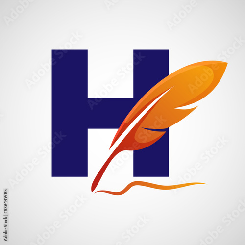 English alphabet H with feather logo design template. Logo for a writer or publishers.