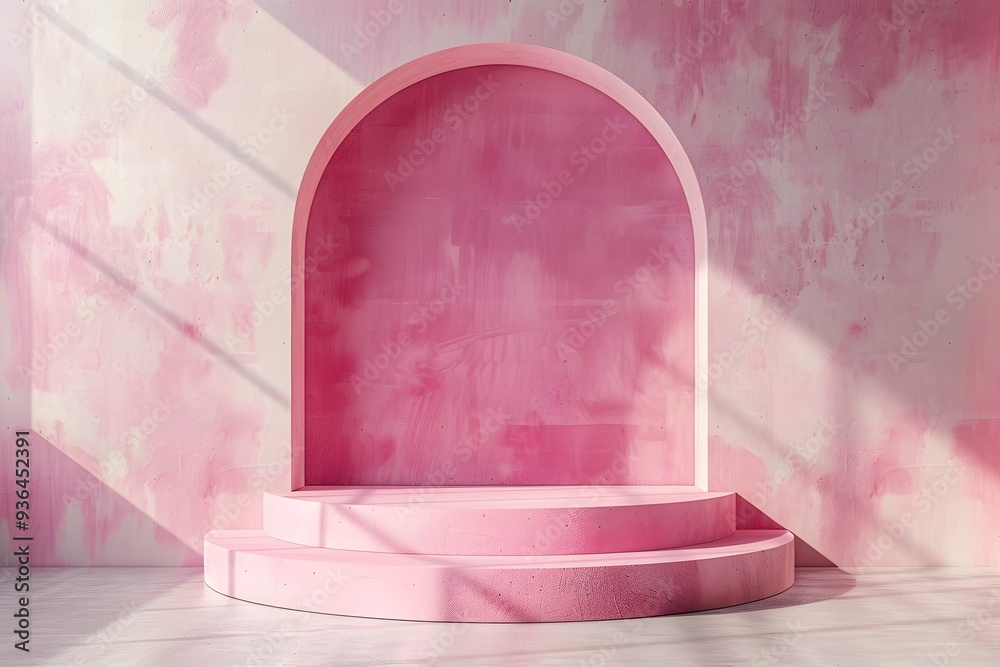 Elegant Pink Archway Display with Soft Lighting Elegant Pink Archway Display with Soft Lighting