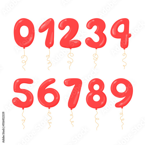 Red helium balloons numbers vector set. Flat style balloons isolated on white background. Inflated digits from 0 to 9 on string for Birthday, sale, anniversary designs