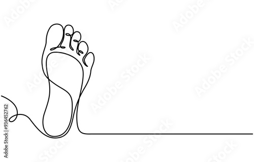 Continuous one line art drawing of bare foot in simple style and outline vector art illustration, Barefoot drawn in one continuous line. Female footprint in a simple linear style. Foot massage