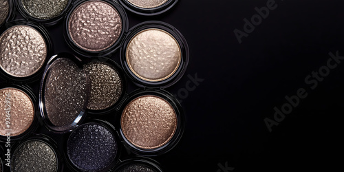 Beauty banner featuring set of shimmering eyeshadow compacts in metallic hues placed on plain black background