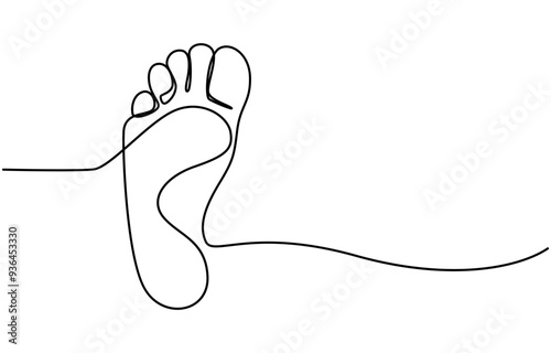 Continuous one line art drawing of bare foot in simple style and outline vector art illustration, Barefoot drawn in one continuous line. Female footprint in a simple linear style. Foot massage