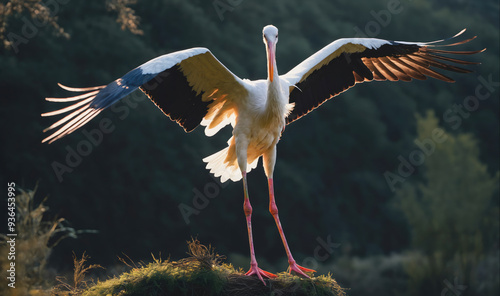 A white stork stands on a grassy mound with its wings spread wide, facing the camera in the golden light of the setting sun