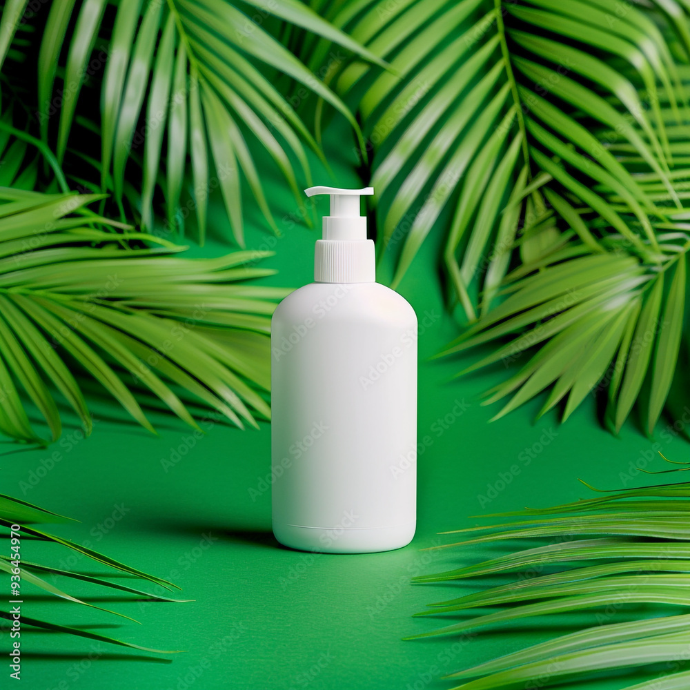 A small white shampoo bottle stands elegantly in the center of a lush green background. Modern minimalist design with high definition photography, sharp details, and natural lighting. A small white shampoo bottle stands elegantly in the center of a lush green background. Modern minimalist design with high definition photography, sharp details, and natural lighting.