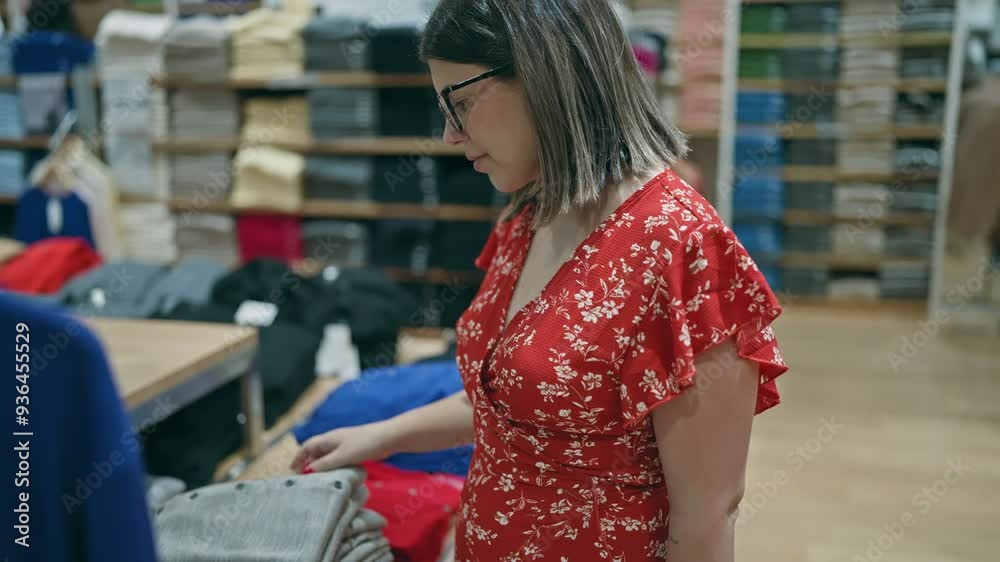 Fashion passion! beautiful hispanic woman with glasses choosing chic clothes in a retail store. portrait of a young, brunette shopper shopping at a boutique in the mall. Fashion passion! beautiful hispanic woman with glasses choosing chic clothes in a retail store. portrait of a young, brunette shopper shopping at a boutique in the mall.