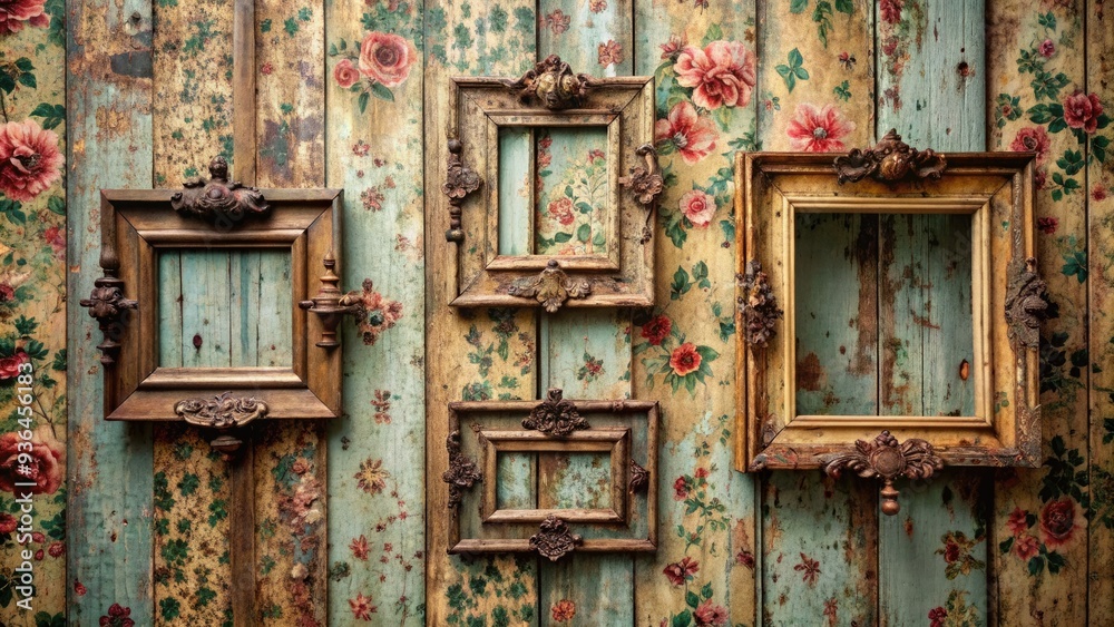 Naklejka premium Distressed ornate frames with intricate carvings and rusty hinges hang on a weathered wooden wall, surrounded by faded floral wallpaper and peeling paint.