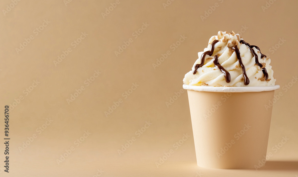 a close-up of white chocolate ice cream in a small paper cup a close-up of white chocolate ice cream in a small paper cup