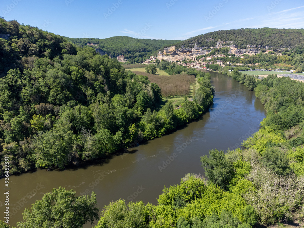 Aerial view on Dordogne river near .La Roque-Gageac village located in Dordogne department in southwestern France Aerial view on Dordogne river near .La Roque-Gageac village located in Dordogne department in southwestern France