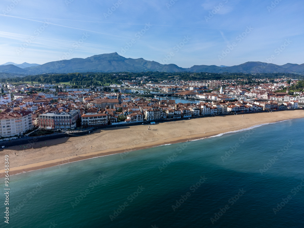 Fototapeta premium Aerial view on Ciboure and Saint Jean de Luz bay, port, sandy beach on Basque coast, beautiful architecture, nature and cuisine, South of France, Basque Country