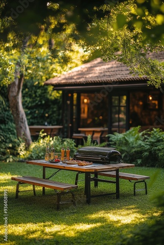 Outdoor picnic table set with drinks in a lush garden during late afternoon