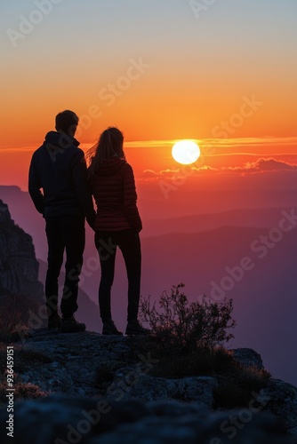 Couple stands together at sunset above the clouds on a mountain peak