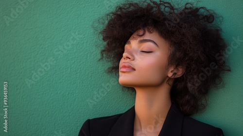Young woman with curly hair poses gracefully against a green background in na...