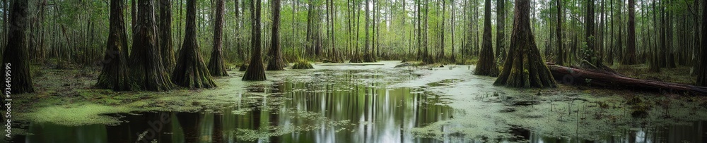 Obraz premium landscape photo of a swamp filled with moss and algae