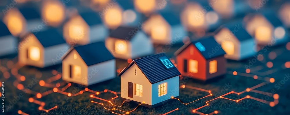 Obraz premium Aerial view of small homes connected by electronic pathways, illustrating the concept of connected living and smart neighborhoods