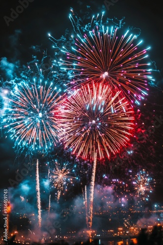 Colorful fireworks display lighting up the night sky during a festive celebra...