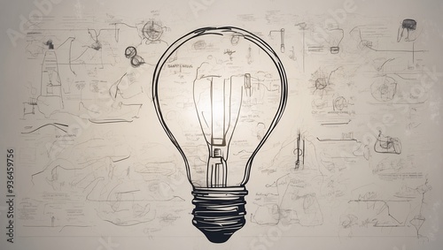 Illuminated light bulb in front of a concrete wall with diverse hand-drawn sketches, charts, and symbols