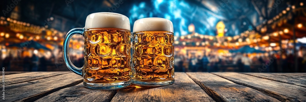 two beer steins on wooden table, oktoberfest beer tent background, two beer steins on wooden table, oktoberfest beer tent background,