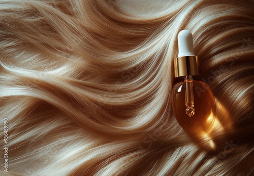Hair oil dropper resting on soft blonde waves in a serene setting