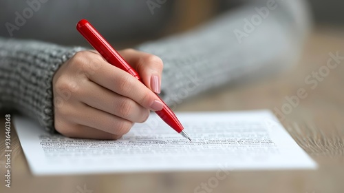 Hand with a red pen correcting text, representing the meticulous process of editing and proofreading in written communication photo