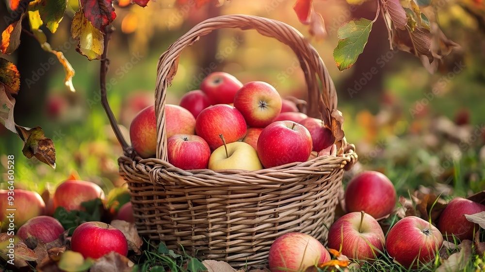 apples in the basket in an autumn orchard apples in the basket in an autumn orchard