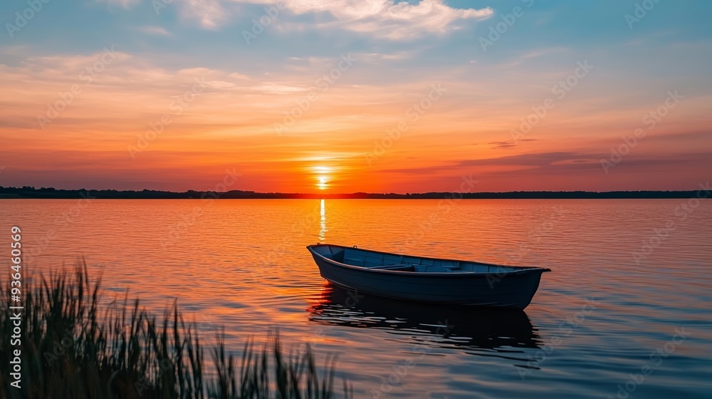 Idyllic sunset over a lake with a pontoon boat cruising gently, symbolizing relaxation and reflection in a calm natural setting Idyllic sunset over a lake with a pontoon boat cruising gently, symbolizing relaxation and reflection in a calm natural setting