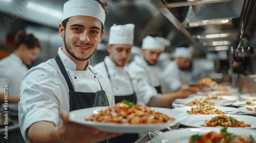 Young chef presenting a plated dish in a busy restaurant kitchen during dinne...