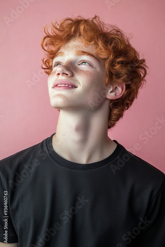 Young man with curly red hair looking up against a pink background
