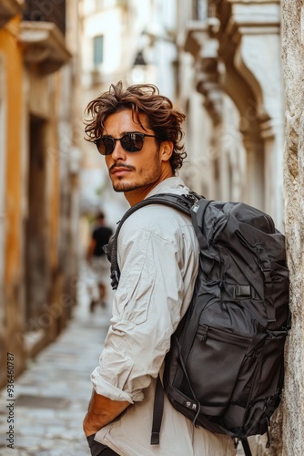 Young man with curly hair explores a narrow street in an old town during daytime