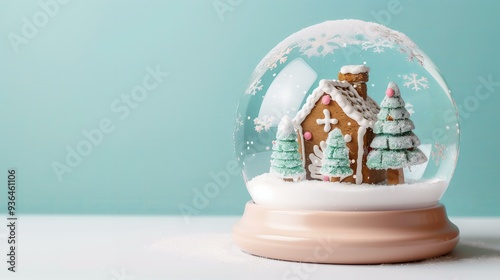 beautiful snow globe with a Christmas gingerbread house inside on a pastel blue solid color background photo